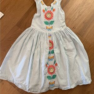 Mini Boden Blue Striped Dress with Floral Embroidery
